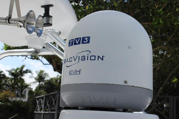 Slide: The Image of Close-up of KVH TracVision TV3 satellite dome on 2008 Contender 38 Express boat. - 14