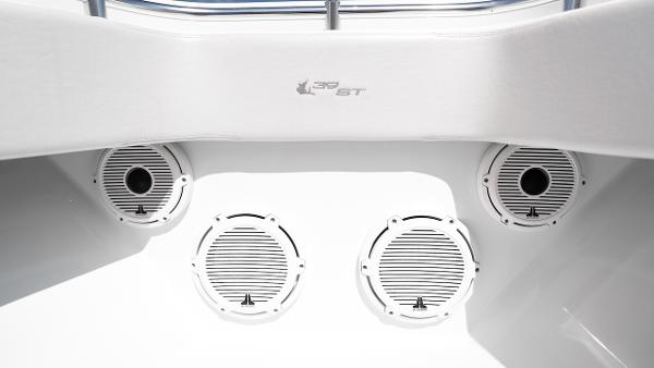 Slide: The Image of 2024 Contender 39 ST boat speakers and logo detail. - 12