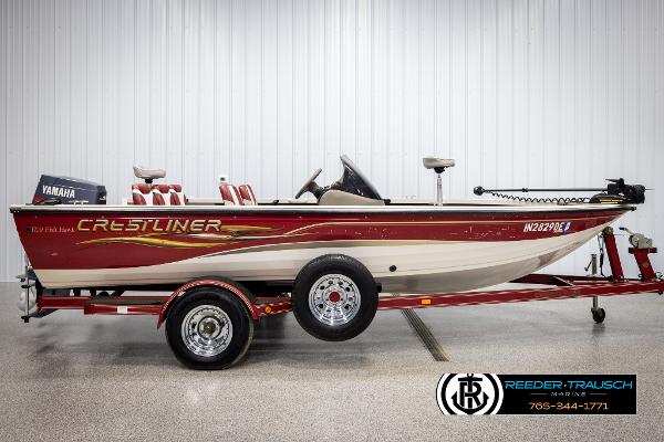 Slide: The Image of 2005 Crestliner 1750 FISHHAWK boat with Yamaha motor on red trailer. - 3