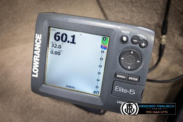 Slide: The Image of Lowrance Elite-5 fish finder on 2005 Crestliner 1750 FISHHAWK boat dashboard. - 38