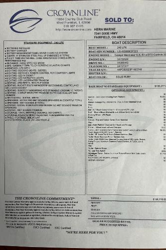 Slide: The Image of Invoice for 2023 Crownline 240 SS boat, detailing standard equipment and pricing. - 8