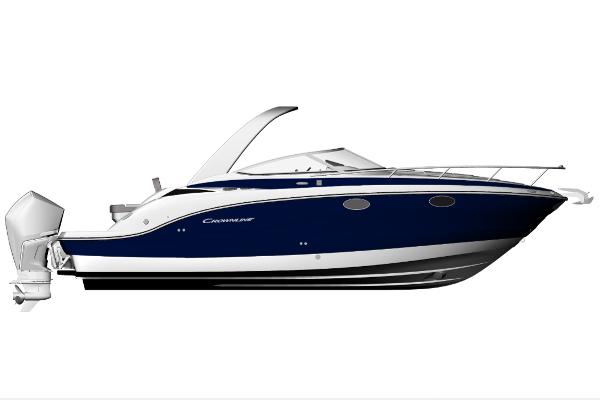 Slide: The Image of 2024 Crownline 280 CRX boat, side view, navy blue and white hull. - 5