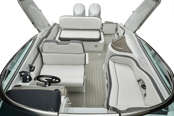 Slide: The Image of 2024 Crownline 280 CRX boat interior with luxurious seating and modern design. - 9