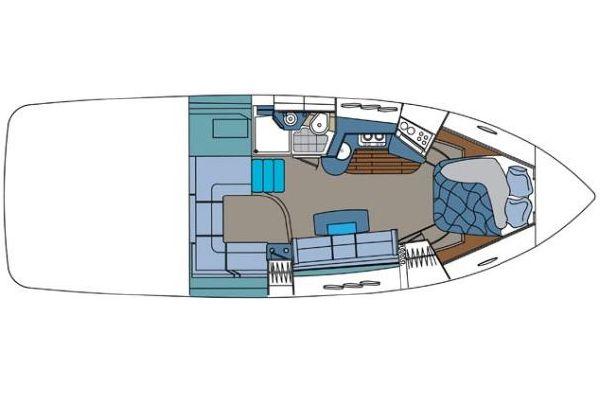 Slide: The Image of 2008 Cruisers Yachts Express floor plan with bedroom, kitchen, and seating areas. - 2