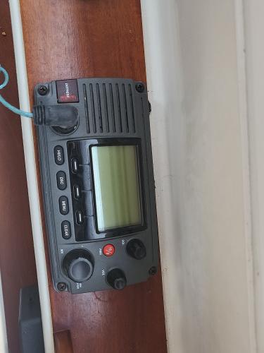Slide: The Image of Boat radio system on 2012 Crusader Boats outboard cruiser, mounted on wooden panel. - 21