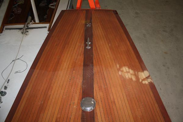 Slide: The Image of 1934 Custom Northern Michigan NM wooden boat deck in a workshop. - 16