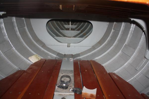 Slide: The Image of Interior of 1934 Custom Northern Michigan NM boat with wooden seats and metal frame. - 27