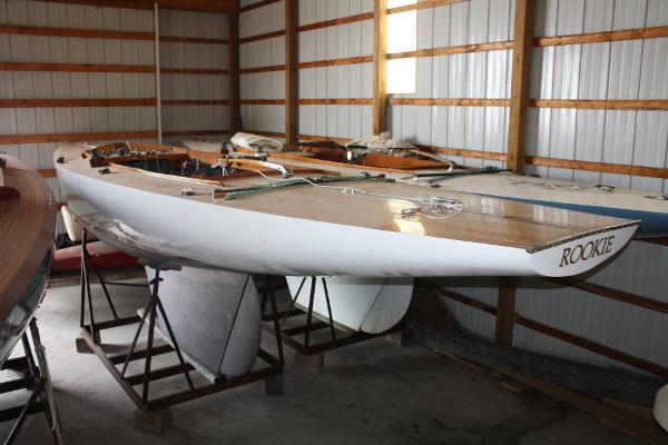 Slide: The Image of 1934 Custom Northern Michigan NM sailboat Rookie in storage shed. - 8