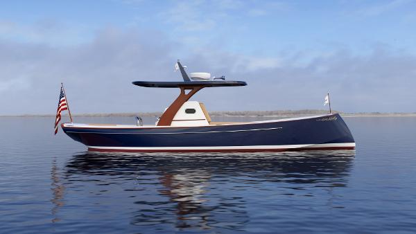 Slide: The Image of 2019 Custom Carolina M30 Moores Yachts on calm water with American flag. - 2