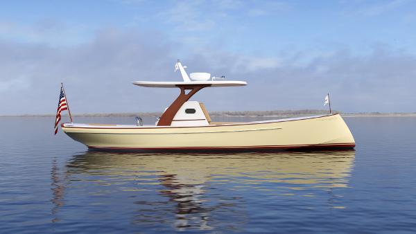 Slide: The Image of 2019 Custom Carolina M30 Moores Yachts on calm water with American flag. - 5