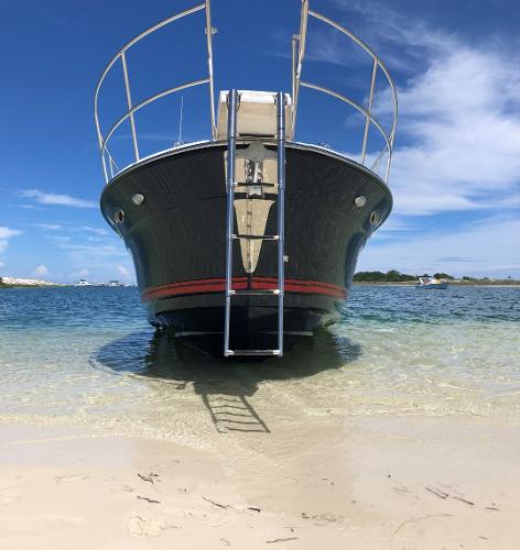 Slide: The Image of 2025 Cutwater C-32 Sedan boat beached on sandy shore with clear blue sky. - 4