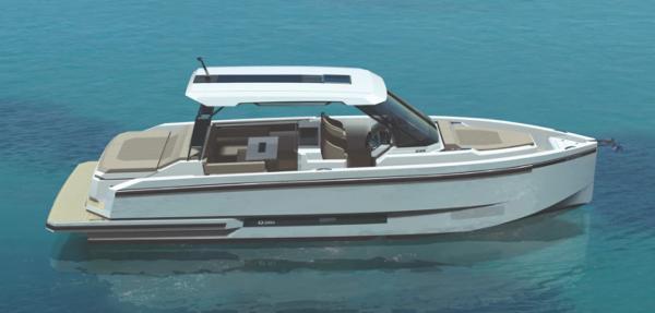 Slide: The Image of 2025 De Antonio Yachts D36 OPEN on clear blue water, showcasing sleek design and luxury features. - 2