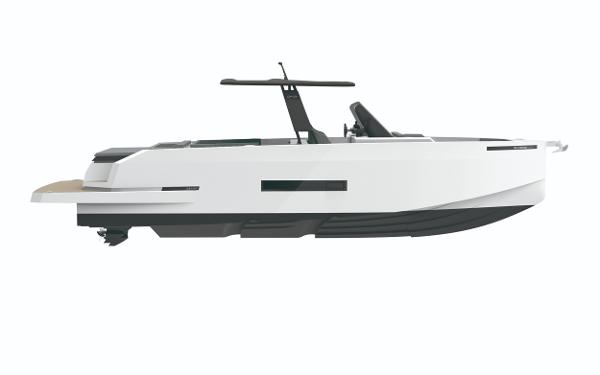 Slide: The Image of 2025 De Antonio Yachts D36 OPEN, sleek white design, side view. - 5