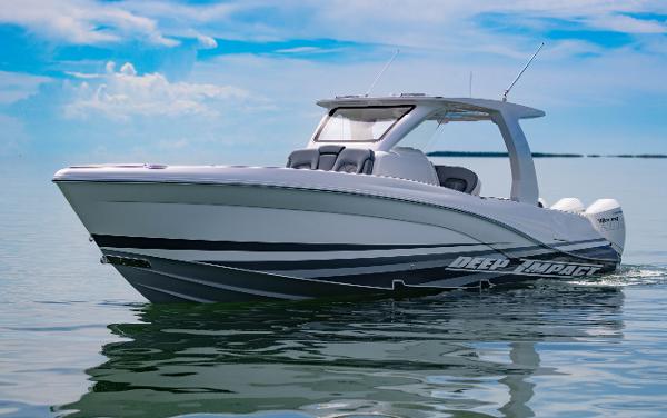 Slide: The Image of 2024 Deep Impact 369 boat cruising on calm waters under a clear blue sky. - 4