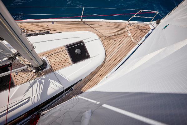 Slide: The Image of 2025 Dehler 38 SQ sailboat deck with teak wood and white sails. - 7