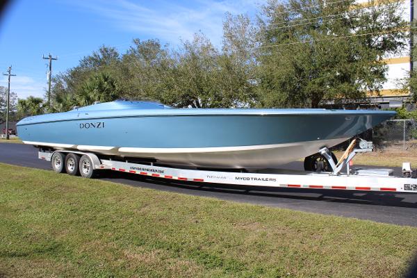 Slide: The Image of 2006 Donzi 43 ZR speedboat on a trailer, side view. - 11