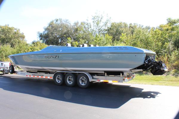 Slide: The Image of 2006 Donzi 43 ZR speedboat on a trailer, side view. - 6