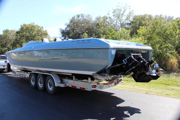 Slide: The Image of 2006 Donzi 43 ZR powerboat on a trailer, side view. - 7