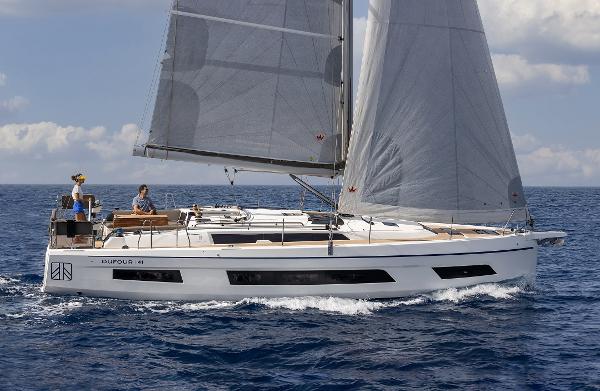 Slide: The Image of 2024 Dufour 41 sailboat cruising on open water. - 2