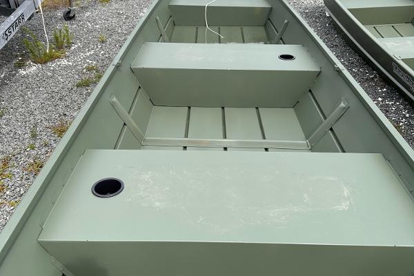 Slide: The Image of 2024 Duranautic Duke 1436 aluminum boat, interior view with bench seats. - 1