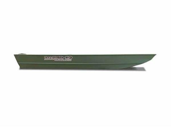 Slide: The Image of 2024 Duranautic Duke 1436 green aluminum boat side view. - 2