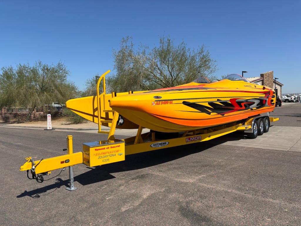 Slide: The Image of 2006 Eliminator 33 Daytona speedboat on trailer, vibrant yellow with bold graphics. - 18