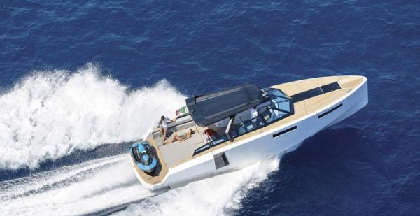 Slide: The Image of Evo Yachts 43 (2017) cruising on open water, aerial view. - 1