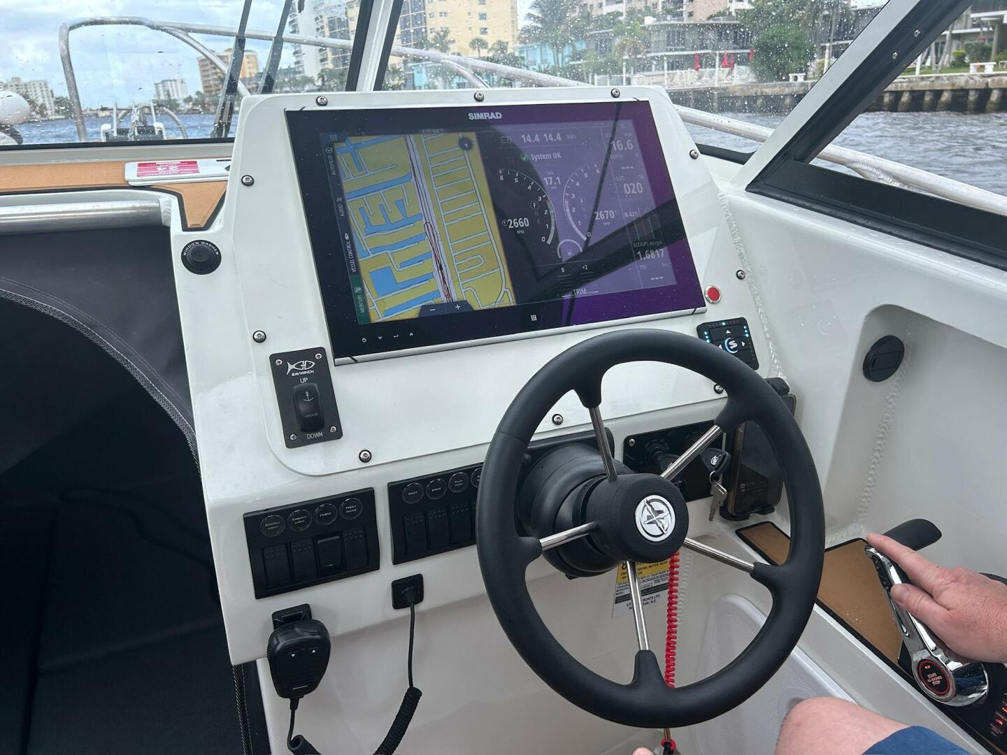 Slide: The Image of Simrad Helm on the 2024 Extreme Boats 795 Walk Around 26' 2024 Extreme Boats 795 Walk Around 26' Custom Helm with full Simrad Electronics - 5184850