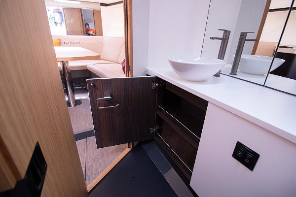 Slide: The Image of Modern bathroom and lounge area in 2021 Fairline F Line 33 yacht. - 18
