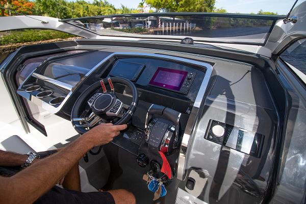 Slide: The Image of 2021 Fairline F Line 33 yacht cockpit with modern navigation system. - 29