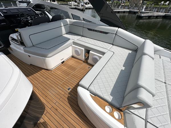 Slide: The Image of 2023 Fairline F//Line 33 Outboard boat with luxurious seating and teak deck. - 10