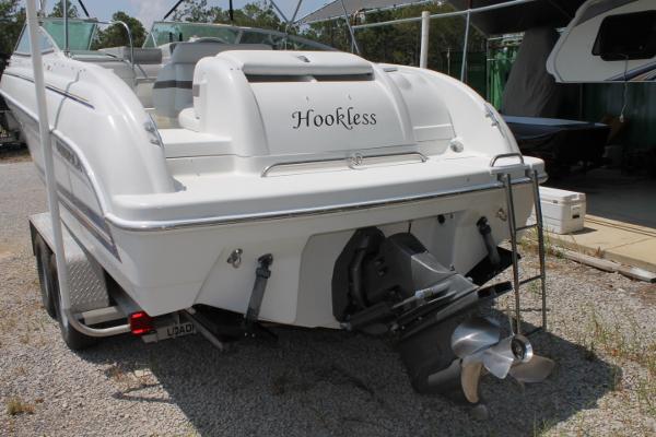Slide: The Image of 2001 Formula 260 Sun Sport boat on trailer, rear view with "Hookless" name. - 3