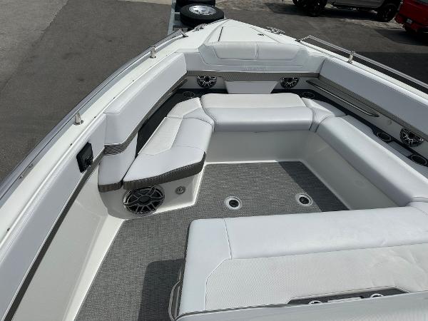 Slide: The Image of 2021 Formula 380 SSC boat interior with white seating and built-in speakers. - 10