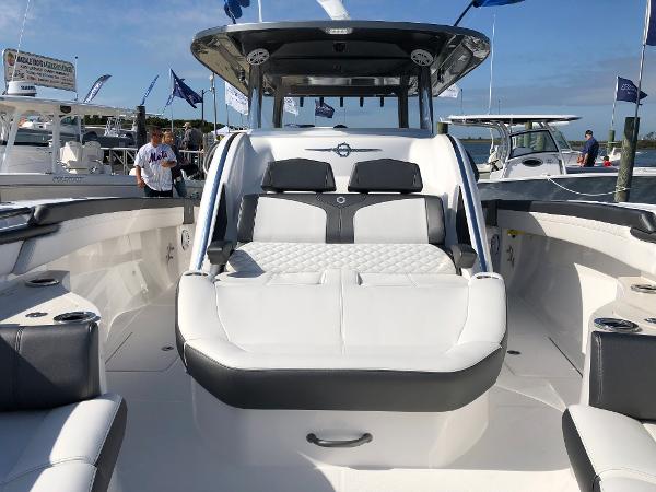 Slide: The Image of 2020 Fountain 43 NX boat interior with luxurious seating and modern design. - 7