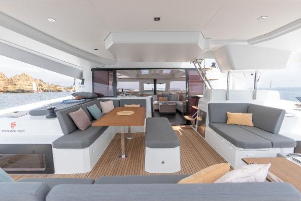 Slide: The Image of 2024 Fountaine Pajot Elba 45 yacht interior with spacious seating and dining area. - 4