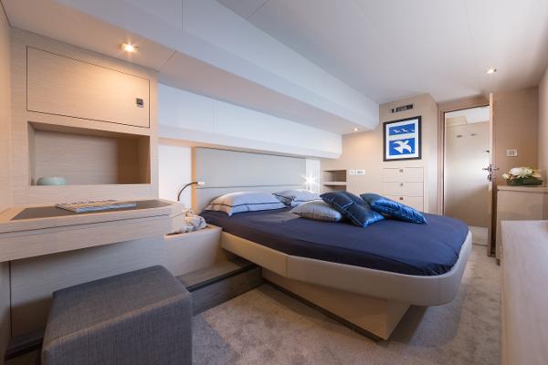 Slide: The Image of Luxurious bedroom interior of 2025 Fountaine Pajot MY 6 yacht with modern design. - 8