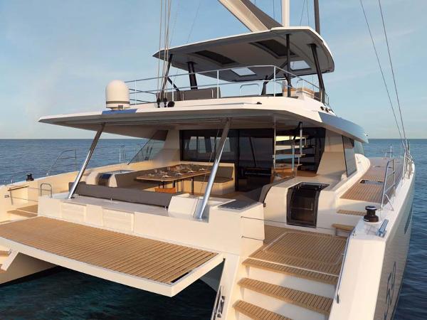 Slide: The Image of 2024 Fountaine Pajot Samana 59 luxury catamaran yacht with spacious deck and modern design. - 3