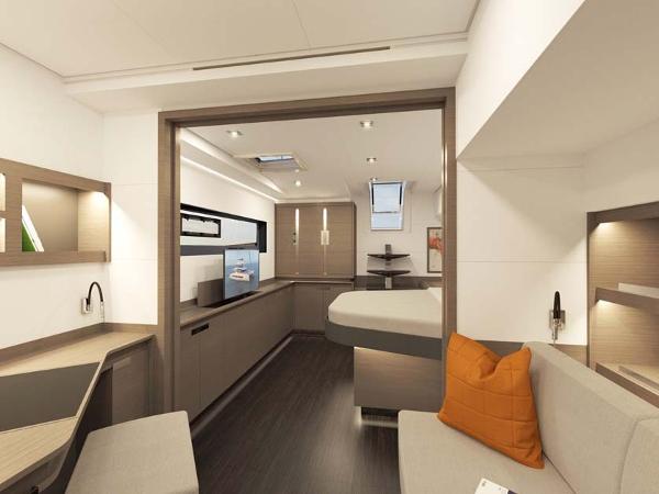 Slide: The Image of Modern interior of 2024 Fountaine Pajot Samana 59 yacht with sleek design and cozy seating. - 7