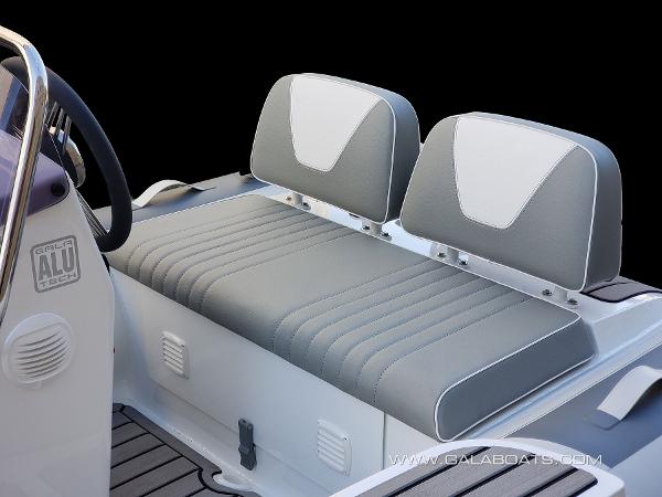 Slide: The Image of 2025 Gala V360 boat seating with gray and white cushioned design, featuring durable materials. - 1
