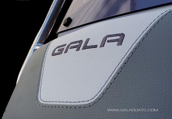 Slide: The Image of Gala V360 2025 boat detail with logo and stitching, showcasing premium design. - 2