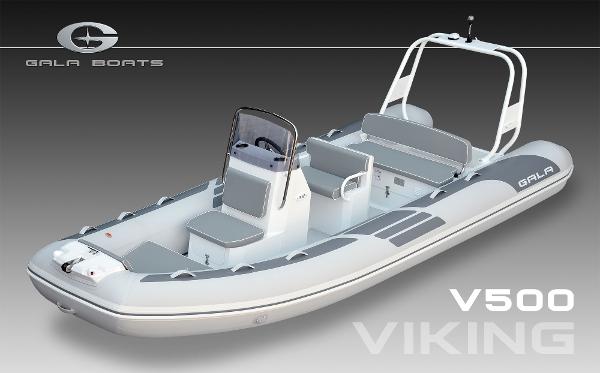 Slide: The Image of 2024 Gala VIKING V500 inflatable boat with console and seating, side view. - 1