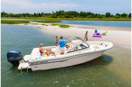Slide: The Image of 2016 Grady-White Freedom 225 boat docked on a sandy beach with people. - 16