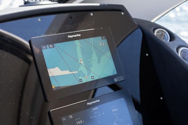 Slide: The Image of Boat navigation system on Hanover 375, 2025 model, displaying nautical map and data. - 24