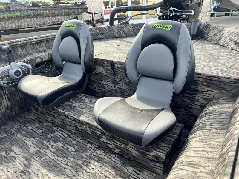 Slide: The Image of 2024 Havoc Boats 1756 FRRSCST interior with two cushioned seats and camouflage design. - 12