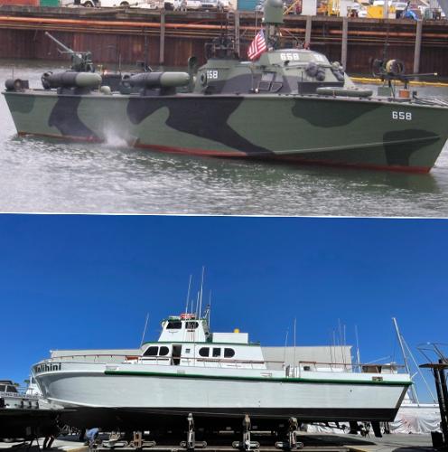 Slide: The Image of 1945 Higgins PT boat in camouflage and another boat in a shipyard. - 2