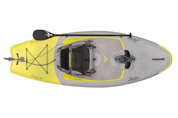Slide: The Image of 2023 Hobie iTrek 9 Ultralight inflatable kayak with paddle, top view. - 15