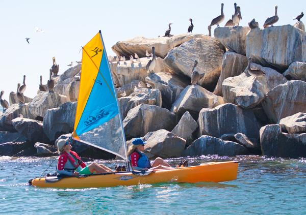 Slide: The Image of Two people kayaking in a 2022 Hobie Mirage Oasis near rocky shore with birds. - 3