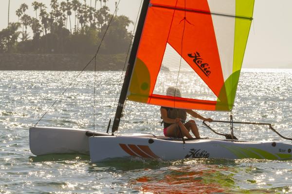 Slide: The Image of 2023 Hobie Cat Wave sailing on a sunny day with palm trees in the background. - 2
