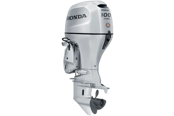 Slide: The Image of 2022 Honda BF-100 outboard motor, silver, side view. - 1