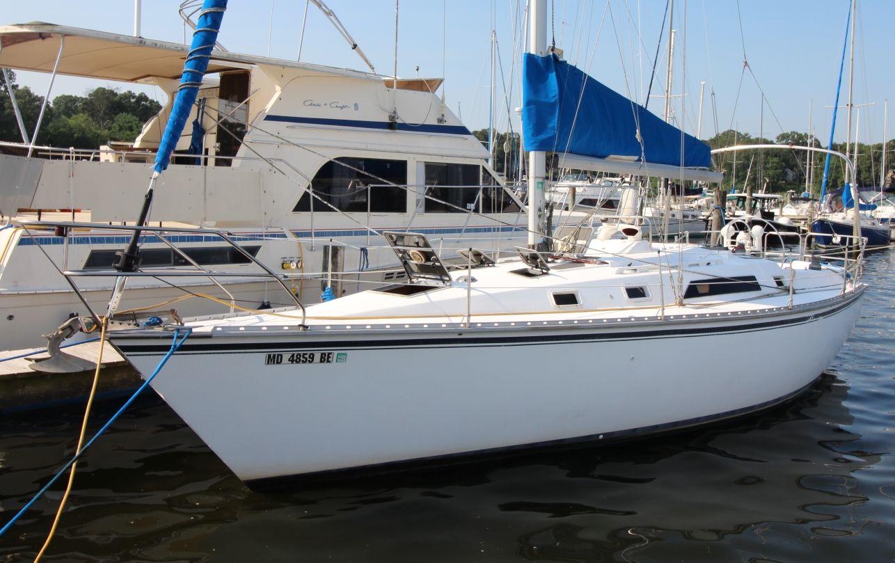 Slide: The Image of 1987 Hunter 34 sailboat docked at marina, featuring blue sail cover and white hull. - 0